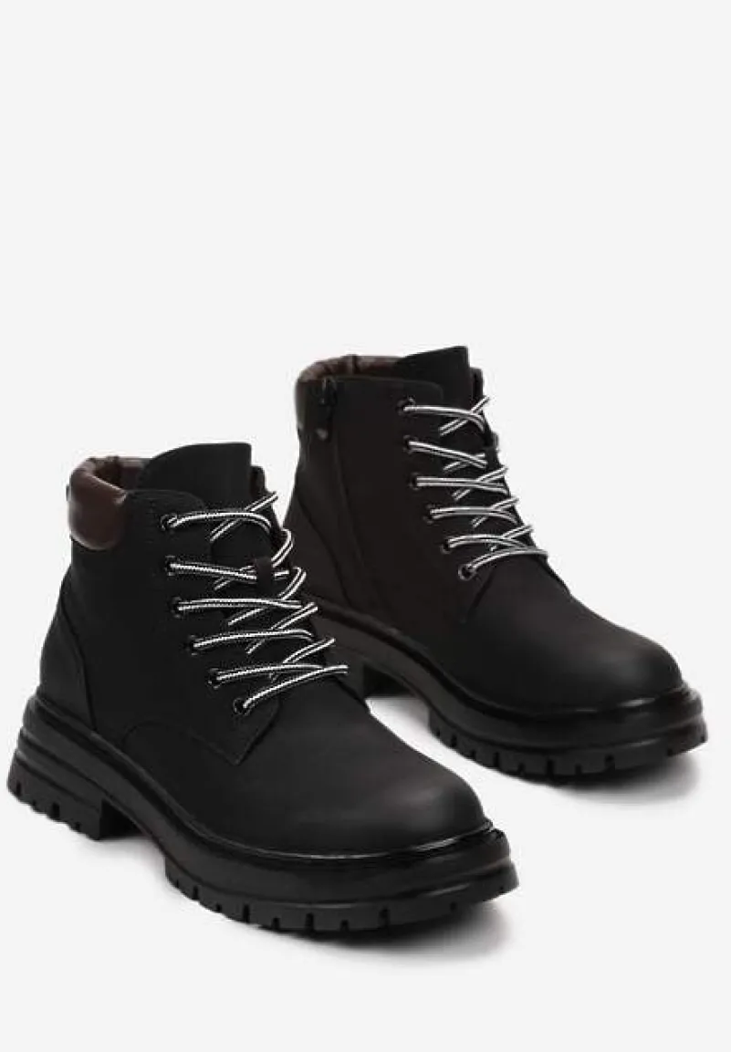 Czarne Traperki z Ociepleniem i Sznurowaniem Almudena