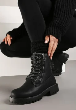 Czarne Traperki z Ozdobnym Suwakiem Ocieplone Mennus