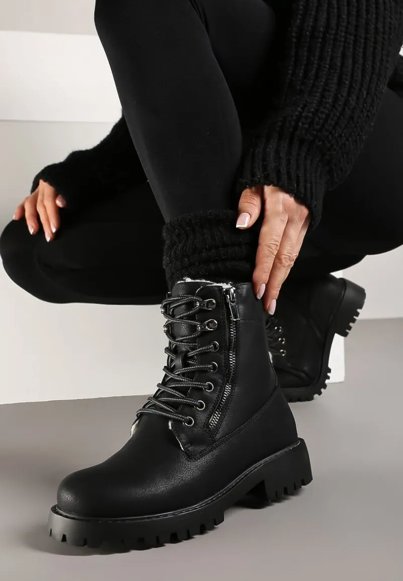 Czarne Traperki z Ozdobnym Suwakiem Ocieplone Mennus