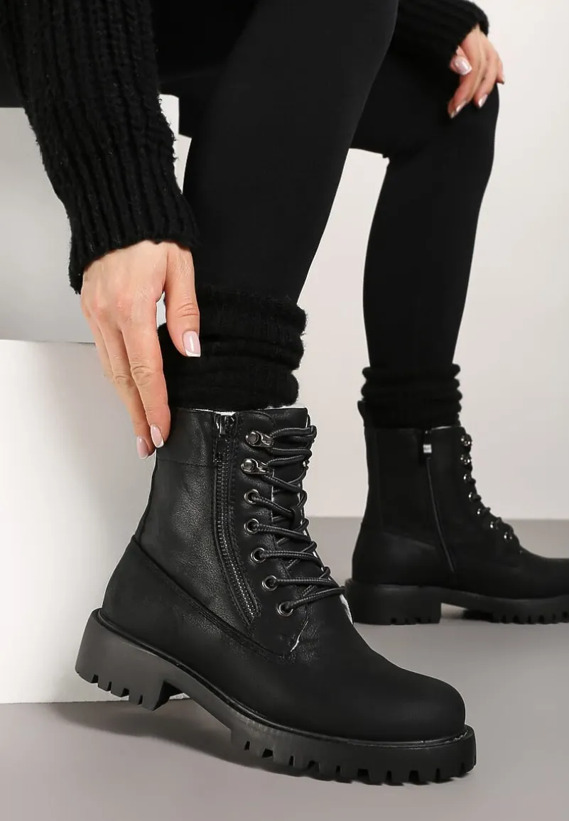 Czarne Traperki z Ozdobnym Suwakiem Ocieplone Mennus