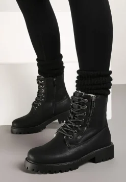 Czarne Traperki z Ozdobnym Suwakiem Ocieplone Mennus