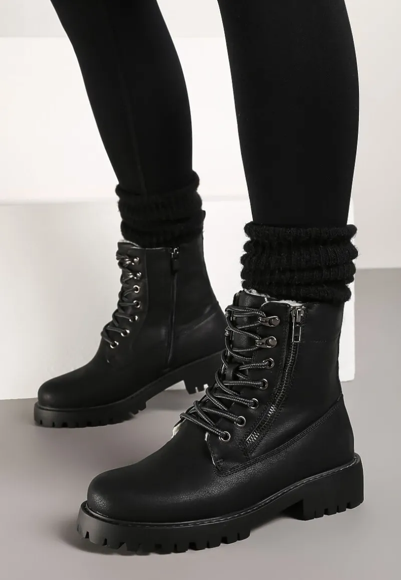 Czarne Traperki z Ozdobnym Suwakiem Ocieplone Mennus