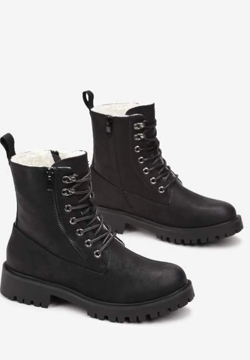 Czarne Traperki z Ozdobnym Suwakiem Ocieplone Mennus