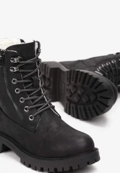 Czarne Traperki z Ozdobnym Suwakiem Ocieplone Mennus