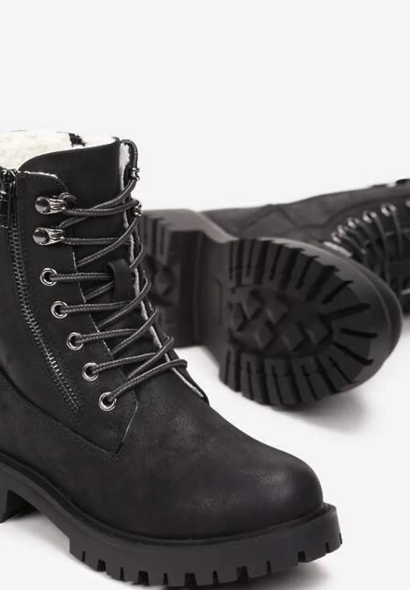 Czarne Traperki z Ozdobnym Suwakiem Ocieplone Mennus