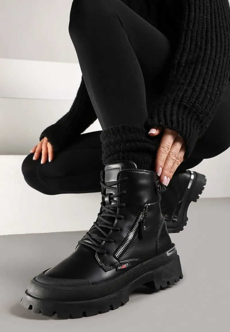 Czarne Traperki z Protektorem i Metaliczną Wstawką i Ozdobnym Suwakiem Dazzlina