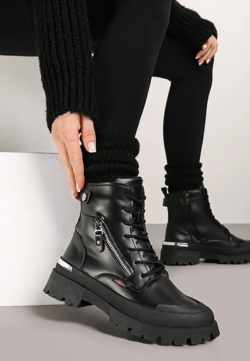 Czarne Traperki z Protektorem i Metaliczną Wstawką i Ozdobnym Suwakiem Dazzlina