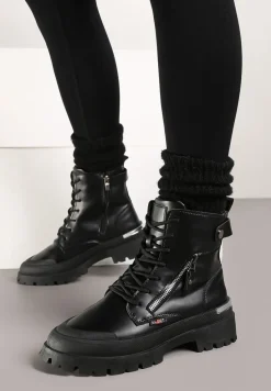 Czarne Traperki z Protektorem i Metaliczną Wstawką i Ozdobnym Suwakiem Dazzlina