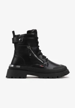 Czarne Traperki z Protektorem i Metaliczną Wstawką i Ozdobnym Suwakiem Dazzlina