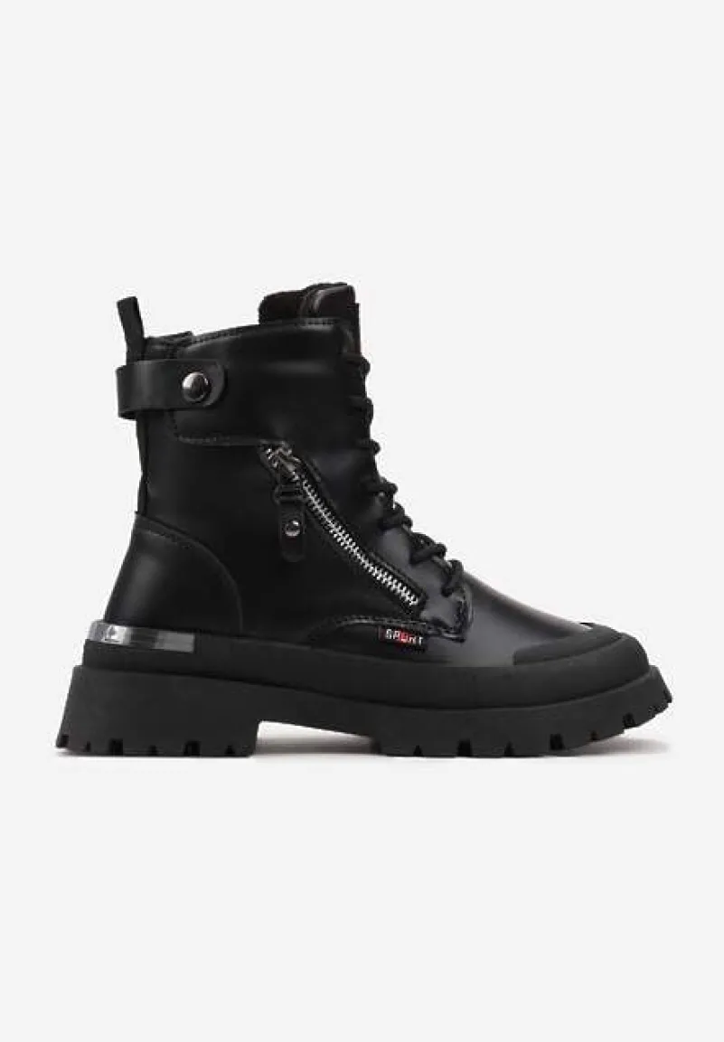 Czarne Traperki z Protektorem i Metaliczną Wstawką i Ozdobnym Suwakiem Dazzlina