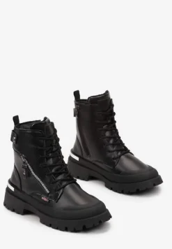 Czarne Traperki z Protektorem i Metaliczną Wstawką i Ozdobnym Suwakiem Dazzlina