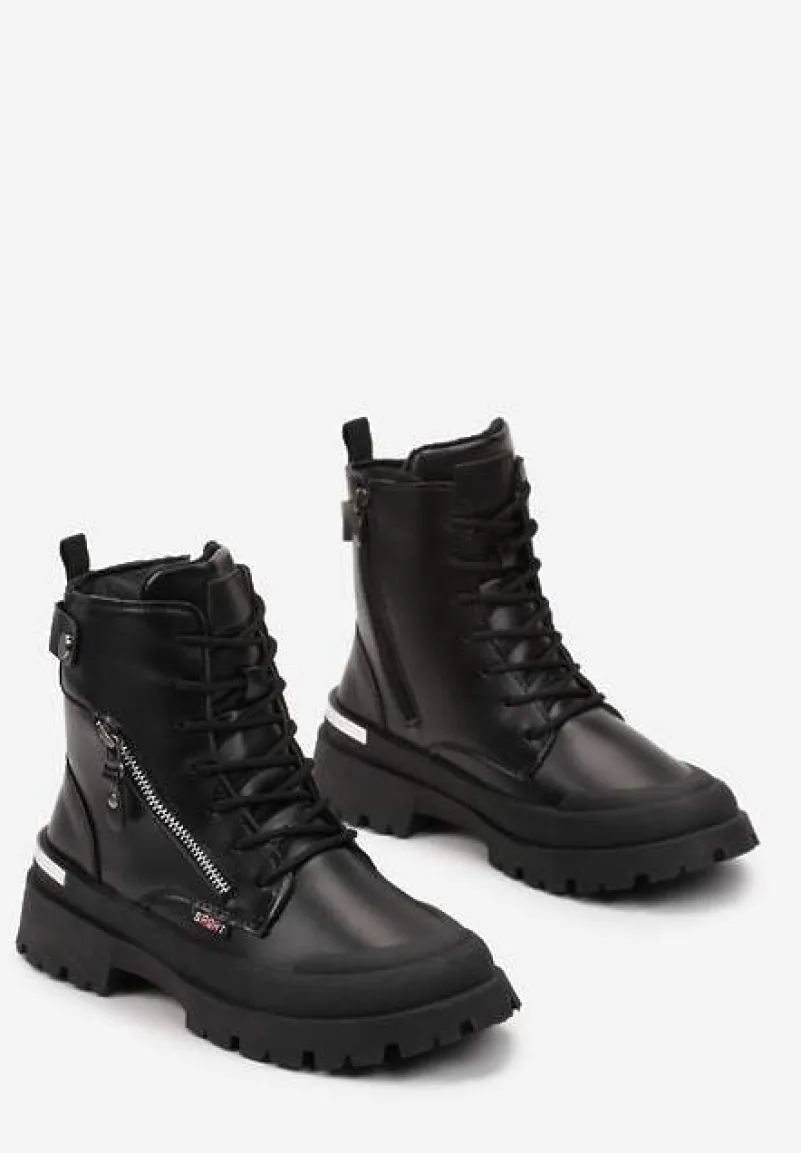 Czarne Traperki z Protektorem i Metaliczną Wstawką i Ozdobnym Suwakiem Dazzlina