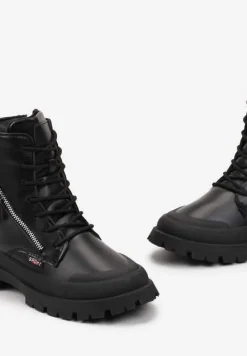 Czarne Traperki z Protektorem i Metaliczną Wstawką i Ozdobnym Suwakiem Dazzlina