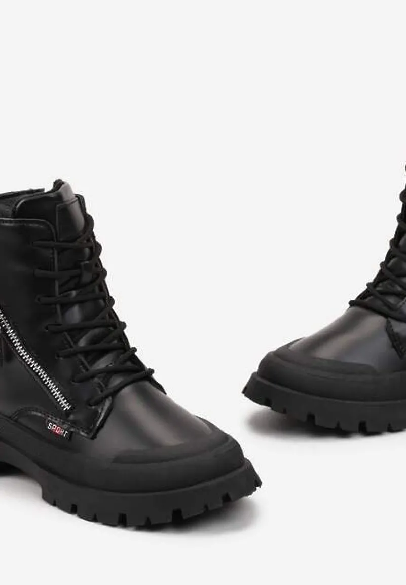 Czarne Traperki z Protektorem i Metaliczną Wstawką i Ozdobnym Suwakiem Dazzlina