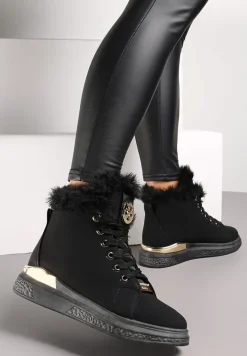 Czarne Traperki za Kostkę z Futerkiem i Metaliczną Wstawką Tagliacozza