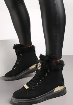 Czarne Traperki za Kostkę z Futerkiem i Metaliczną Wstawką Tagliacozza