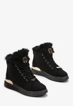 Czarne Traperki za Kostkę z Futerkiem i Metaliczną Wstawką Tagliacozza