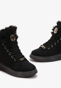 Czarne Traperki za Kostkę z Futerkiem i Metaliczną Wstawką Tagliacozza