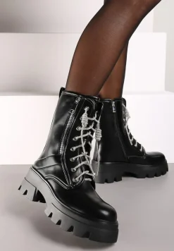 Czarne Traperki za Kostkę na Grubej Podeszwie z Suwakiem i Ozdobnymi Sznurówkami Voddiana