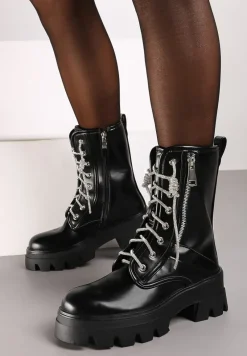 Czarne Traperki za Kostkę na Grubej Podeszwie z Suwakiem i Ozdobnymi Sznurówkami Voddiana