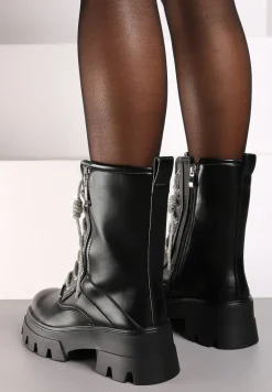 Czarne Traperki za Kostkę na Grubej Podeszwie z Suwakiem i Ozdobnymi Sznurówkami Voddiana