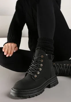 Czarne Traperki ze Sznurowaniem i Grubą Podeszwą z Nubuku Syntetycznego Ariellta