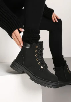 Czarne Traperki ze Sznurowaniem i Grubą Podeszwą z Nubuku Syntetycznego Ariellta