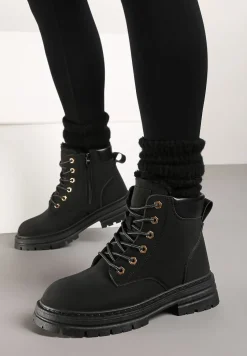 Czarne Traperki ze Sznurowaniem i Grubą Podeszwą z Nubuku Syntetycznego Ariellta