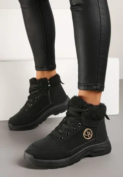 Czarne Trapery na Płaskiej Podeszwie Ozdobione Futerkiem Barankiem i Aplikacją Esarielleth