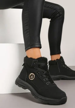 Czarne Trapery na Płaskiej Podeszwie Ozdobione Futerkiem Barankiem i Aplikacją Esarielleth