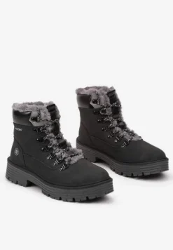 Czarne Trapery na Płaskiej Podeszwie ze Sznurowaniem Futerkiem i Napisem Linnasia