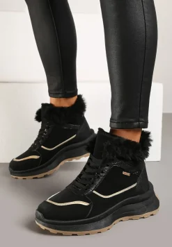 Czarne Trapery Sneakersy na Płaskiej Podeszwie Ozdobione Futerkiem i Metaliczną Wstawką Delaviel