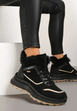 Czarne Trapery Sneakersy na Płaskiej Podeszwie Ozdobione Futerkiem i Metaliczną Wstawką Delaviel