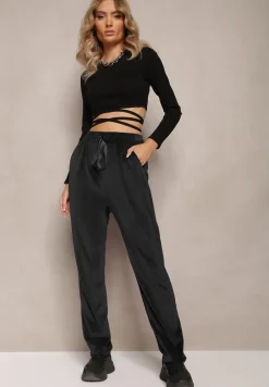 Czarne Welurowe Spodnie Dresowe z Luźnymi Nogawkami Heliotte