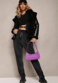 Czarne Welurowe Spodnie Dresowe z Luźnymi Nogawkami Heliotte