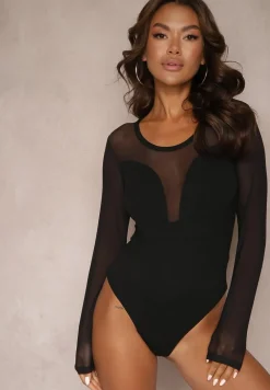Czarne Wiskozowe Body z Transparentnymi Wstawkami i Zapięciem na Haftki Maivia