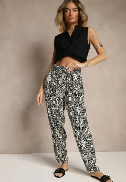 Czarne Wiskozowe Spodnie High Waist Zdobione Ornamentalnym Printem Jenavitha