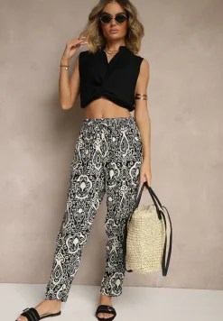 Czarne Wiskozowe Spodnie High Waist Zdobione Ornamentalnym Printem Jenavitha