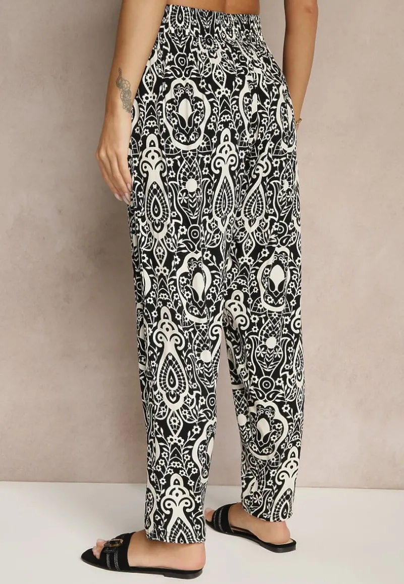 Czarne Wiskozowe Spodnie High Waist Zdobione Ornamentalnym Printem Jenavitha