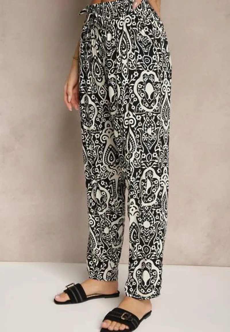 Czarne Wiskozowe Spodnie High Waist Zdobione Ornamentalnym Printem Jenavitha