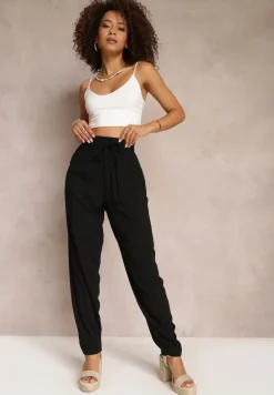 Czarne Wiskozowe Spodnie z Gumką w Talii i Zwężanymi Nogawkami Sumipaku