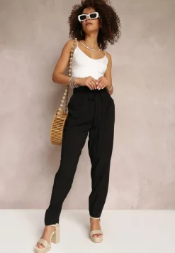 Czarne Wiskozowe Spodnie z Gumką w Talii i Zwężanymi Nogawkami Sumipaku