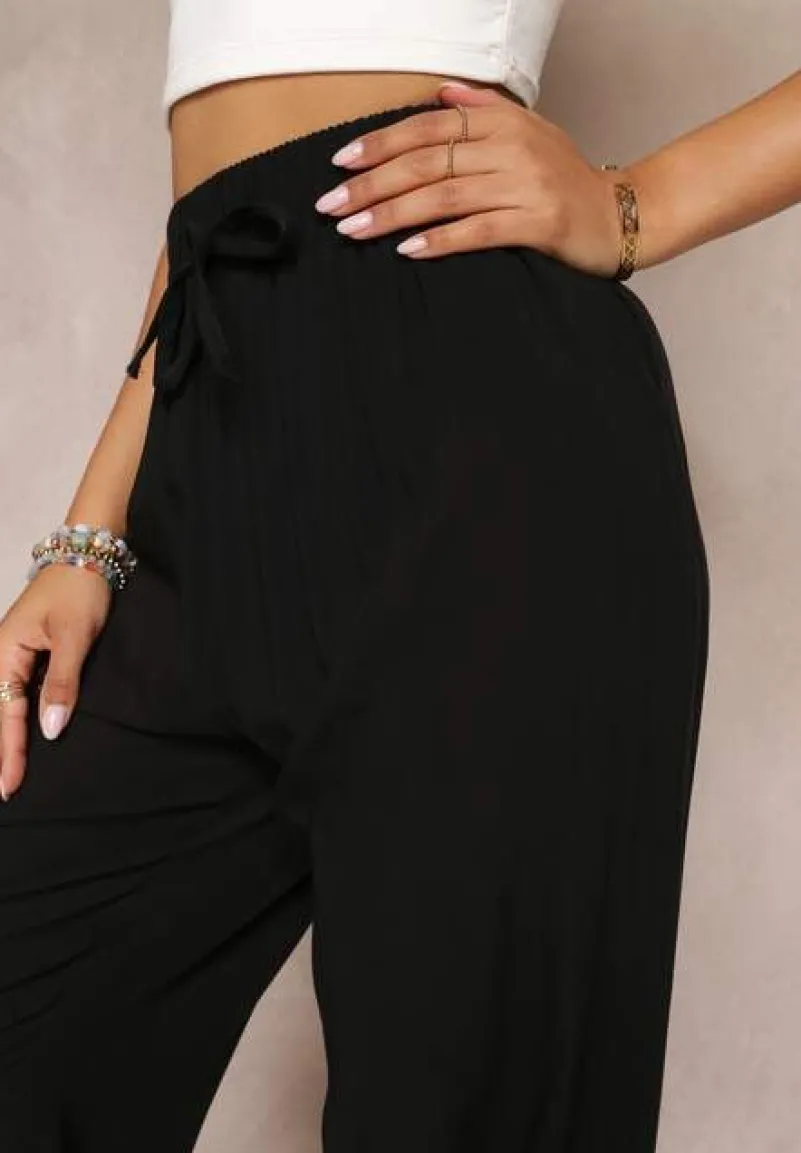 Czarne Wiskozowe Spodnie z Gumką w Talii i Zwężanymi Nogawkami Sumipaku