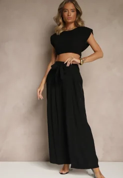 Czarne Wiskozowe Spodnie High Waist o Szerokim Kroju Aranisa