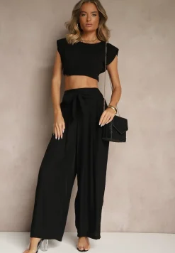 Czarne Wiskozowe Spodnie High Waist o Szerokim Kroju Aranisa