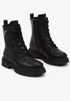 Czarne Wiązane Botki na Grubej Podeszwie w Stylu Worker z Biżuteryjnym Detalem Eritene