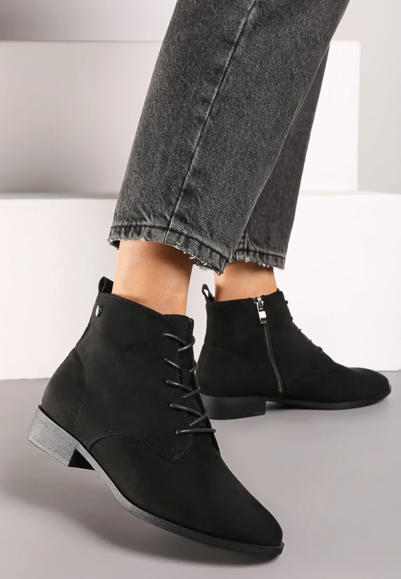 Czarne Wiązane Botki na Płaskiej Podeszwie Erithara