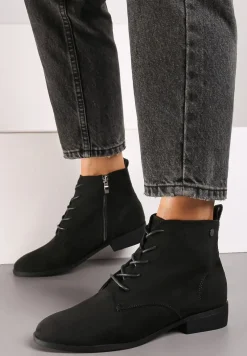 Czarne Wiązane Botki na Płaskiej Podeszwie Erithara