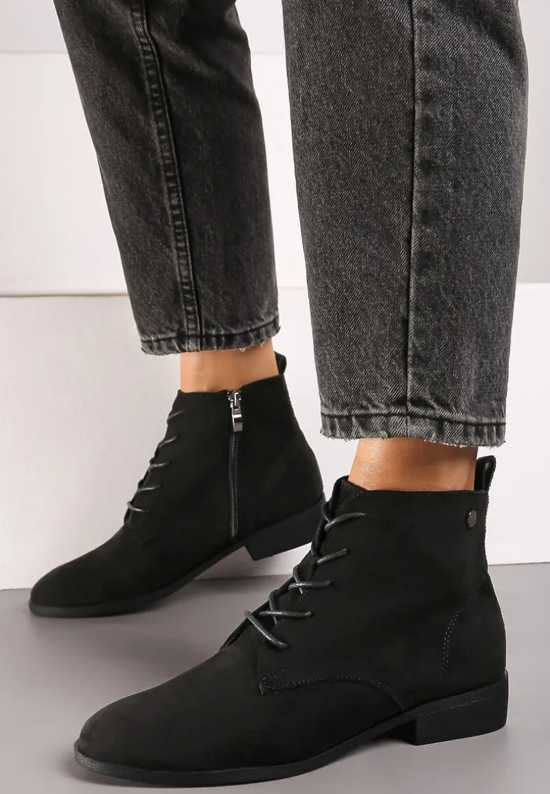 Czarne Wiązane Botki na Płaskiej Podeszwie Erithara