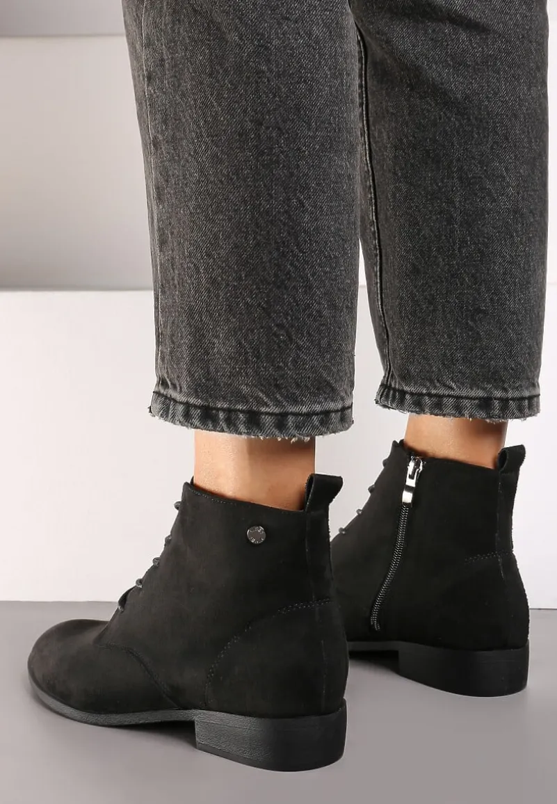 Czarne Wiązane Botki na Płaskiej Podeszwie Erithara